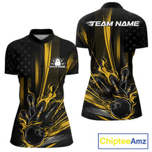 Load image into Gallery viewer, Custom Black And Yellow US Flag Patriotic Women Bowling Shirt, Flame Bowling Jersey IPHW10644