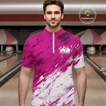 Load image into Gallery viewer, Man wearing a pink and white bowling shirt with a customizable logo in a bowling alley.