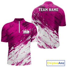 Load image into Gallery viewer, Front and back views of a men's quarter-zip bowling shirt featuring a white and pink paint splatter distressed sportswear design.
