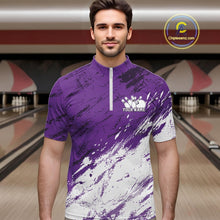 Load image into Gallery viewer, Man wearing a purple and white bowling shirt with a bowling alley in the background
