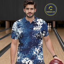 Load image into Gallery viewer, Front view of a female model in a bowling alley wearing a purple bowling polo shirt featuring a white paint splatter sportswear design.
