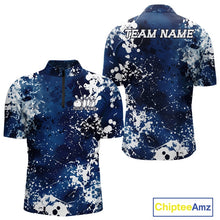 Load image into Gallery viewer, Blue and white splatter patterned polo shirt with customizable text on a white background