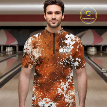 Load image into Gallery viewer, Man wearing a custom bowling shirt with splatter design in a bowling alley.