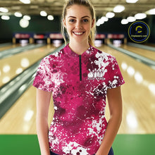 Load image into Gallery viewer, Woman wearing a pink and white bowling shirt with a personalized name on a bowling alley.
