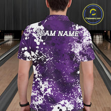 Load image into Gallery viewer, Person wearing a purple and white bowling shirt with 'TEAM NAME' text at a bowling alley.