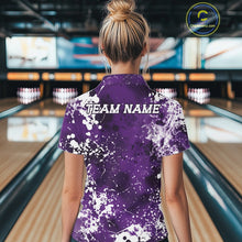 Load image into Gallery viewer, Person wearing a purple bowling shirt with 'TEAM NAME' text in a bowling alley.