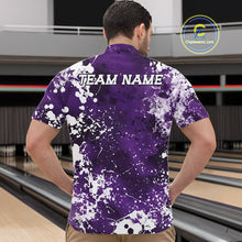Load image into Gallery viewer, Man wearing a purple and white patterned bowling shirt with 'TEAM NAME' text on a bowling alley background.