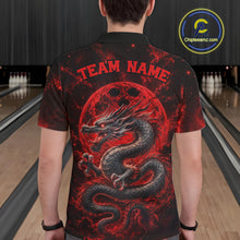 Load image into Gallery viewer, Back view of a male model in a bowling alley wearing a red custom bowling polo shirt featuring an ancient dragon, flames, and a moon-inspired bowling ball design.