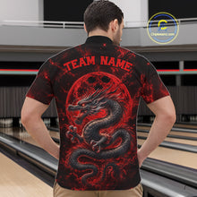 Load image into Gallery viewer, Back view of a male model in a bowling alley wearing a red custom quarter-zip bowling shirt featuring an ancient dragon, flames, and a moon-inspired bowling ball design.