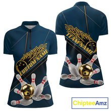 Load image into Gallery viewer, Custom Blue And Gold Bowling Shirts For Women, Flame Bowling Team Shirts Bowling Uniform IPHW10661