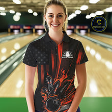 Load image into Gallery viewer, Custom Orange US Flag Patriotic Women Bowling Shirt, American Flame Bowling Jersey IPHW11150