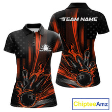 Load image into Gallery viewer, Custom Orange US Flag Patriotic Women Bowling Shirt, American Flame Bowling Jersey IPHW11150