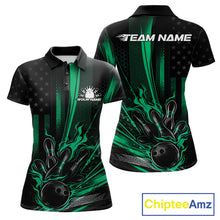 Load image into Gallery viewer, Custom Green US Flag Patriotic Women Bowling Shirt, American Flame Bowling Jersey IPHW11151