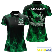 Load image into Gallery viewer, Green Fire Bowling Ball And Pins Custom Shirts For Women, Flame Bowling Team Jersey IPHW11154
