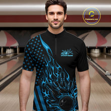 Load image into Gallery viewer, Custom Blue Patriotic Flame Bowling Men Quarter-Zip Shirt, US Flag Bowler Jersey IPHW11166
