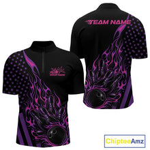 Load image into Gallery viewer, Custom Pink Purple Patriotic Flame Bowling Men Quarter-Zip Shirt, US Flag Bowler Jersey IPHW11167