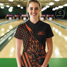 Load image into Gallery viewer, Custom Orange Patriotic Flame Bowling Women Quarter-Zip Shirt, US Flag Bowler Jersey IPHW11169