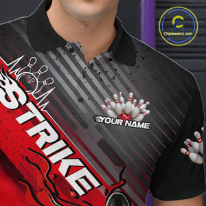 Custom Red Strike Flame Bowling Polo Shirts For Men, Bowling Team Shirt Bowlers Outift IPHW9615