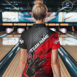 Custom Red Strike Flame Bowling Polo Shirts For Women, Bowling Team Shirt Bowlers Outift IPHW9615