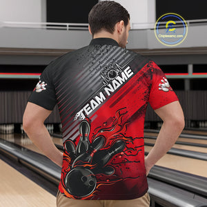 Custom Red Strike Flame Bowling Quarter-Zip Shirts For Men, Bowling Team Shirt Bowlers Outift IPHW9615