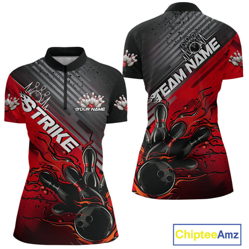 Custom Red Strike Flame Bowling Women Quarter Zip Shirt, Bowling Team Shirt Bowler Outift IPHW9615