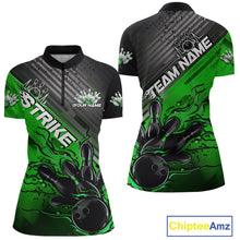 Load image into Gallery viewer, Custom Green Strike Flame Bowling Women Quarter Zip Shirt, Team Shirt Bowlers Outift IPHW9616