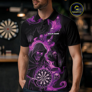 Custom Purple Pink Fire Flame Grim Reaper Dart Men Polo Shirts, Dart Team Halloween Outfits IPHW9985