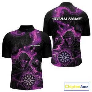 Custom Purple Pink Fire Flame Grim Reaper Dart Men Quarter-Zip Shirts, Dart Team Halloween Outfit IPHW9985