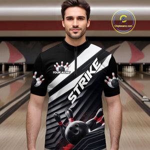 Custom Black And Red Strike Bowling Quarter-Zip Shirts For Men, Bowling Team Uniform IPHW9627