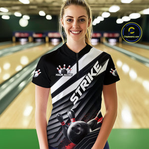 Custom Black And Red Strike Bowling Quarter-Zip Shirts For Women, Bowling Team Uniform IPHW9627