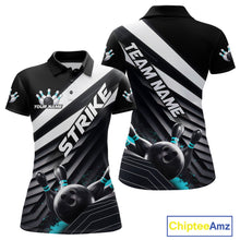 Load image into Gallery viewer, Custom Black And Blue Strike Bowling Polo Shirts For Women, Bowling Team Uniform IPHW9628