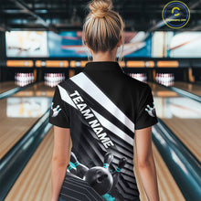 Load image into Gallery viewer, Custom Black And Blue Strike Bowling Quarter-Zip Shirts For Women, Bowling Team Uniform IPHW9628