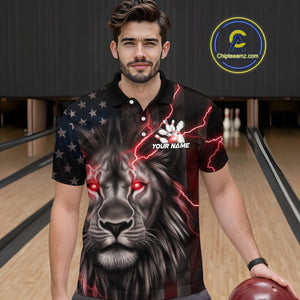 Custom Red Thunder Lightning Patriotic Lion Polo Shirts For Men, US Flag Bowling Jerseys IPHW9319