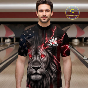 Custom Red Thunder Lightning Patriotic Lion Quarter-Zip Shirts For Men, US Flag Bowling Jerseys IPHW9319