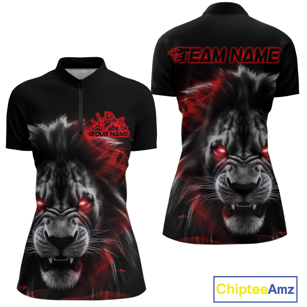 Custom Black And Red Lion Bowling Quarter-Zip Team Shirt For Women, Lion Bowling Jersey IPHW9328