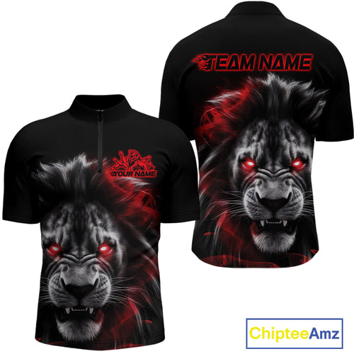 Custom Black And Red Lion Bowling Quarter-Zip Team Shirts For Men, Lion Bowling Jerseys IPHW9328