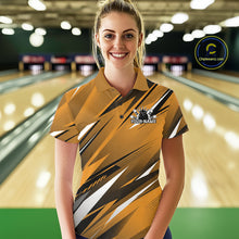 Load image into Gallery viewer, Woman wearing a custom bowling shirt with a logo in a bowling alley