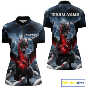 Custom Red Dragon Bowling Women Quarter-Zip Shirts, Dragon Bowling Team Tournament Outfit IPHW9106