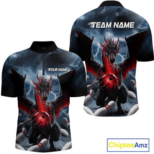 Custom Red Dragon Bowling Men Quarter-Zip Shirts, Dragon Bowling Team Tournament Outfit IPHW9106