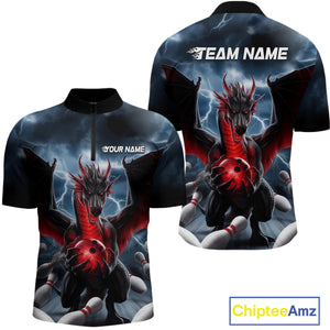 Custom Red Dragon Bowling Men Quarter-Zip Shirts, Dragon Bowling Team Tournament Outfit IPHW9106