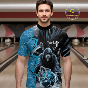 Custom Blue Thunder Lightning Grim Reaper Bowling Men Quarter-Zip Shirt, Halloween Bowler Outfit IPHW9839