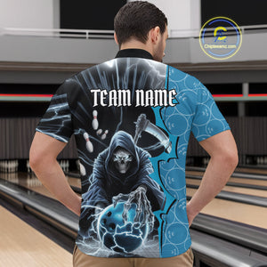 Custom Blue Thunder Lightning Grim Reaper Bowling Men Quarter-Zip Shirt, Halloween Bowler Outfit IPHW9839