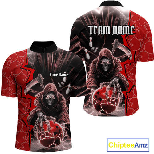 Custom Red Thunder Lightning Grim Reaper Bowling Men Quarter-Zip Shirt, Halloween Bowler Outfit IPHW9840