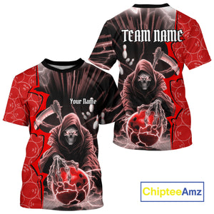 Custom Red Thunder Lightning Grim Reaper Bowling Men T-Shirts Shirt, Halloween Bowler Outfit IPHW9840