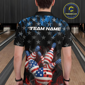 Custom Red And Blue Flame American Flag Patriotic Bowling Men Polo Shirts, Team Uniform IPHW9716