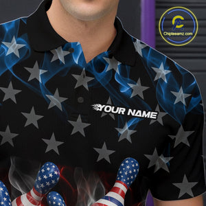 Custom Red And Blue Flame American Flag Patriotic Bowling Men Polo Shirts, Team Uniform IPHW9716