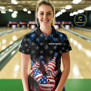 Custom Red And Blue Flame American Flag Patriotic Bowling Women Polo Shirts, Team Uniform IPHW9716