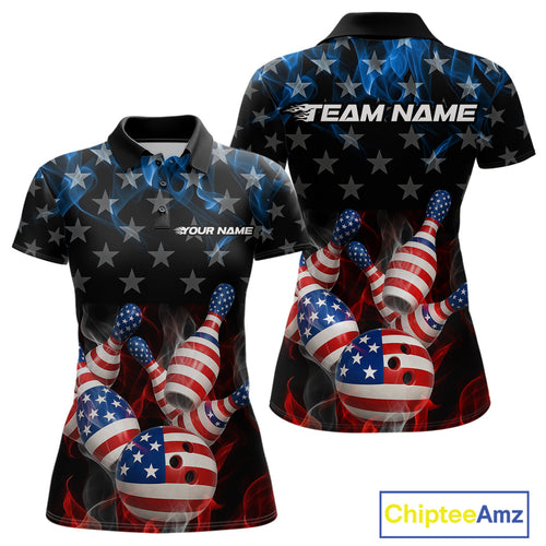 Custom Red And Blue Flame American Flag Patriotic Bowling Women Polo Shirts, Team Uniform IPHW9716
