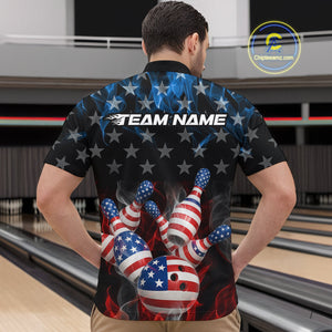 Custom Red And Blue Flame American Flag Patriotic Bowling Men Quarter-Zip Shirts, Team Uniform IPHW9716