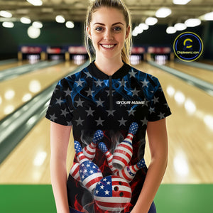 Custom Red And Blue Flame American Flag Patriotic Bowling Women Quarter-Zip Shirts IPHW9716
